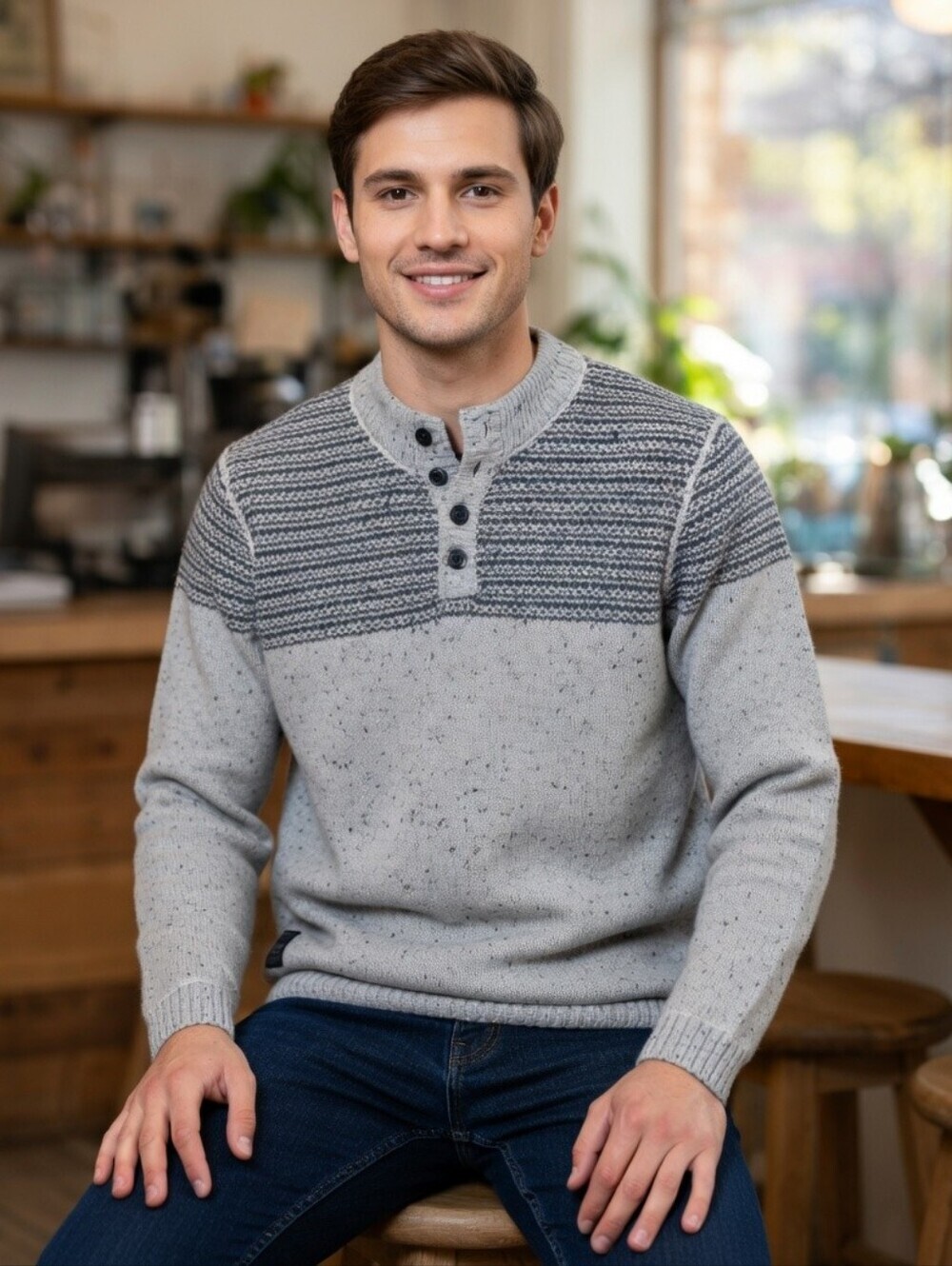 Point Zero Men's Gray Speckled Knit Sweater with Mock Button Neckline Size XL